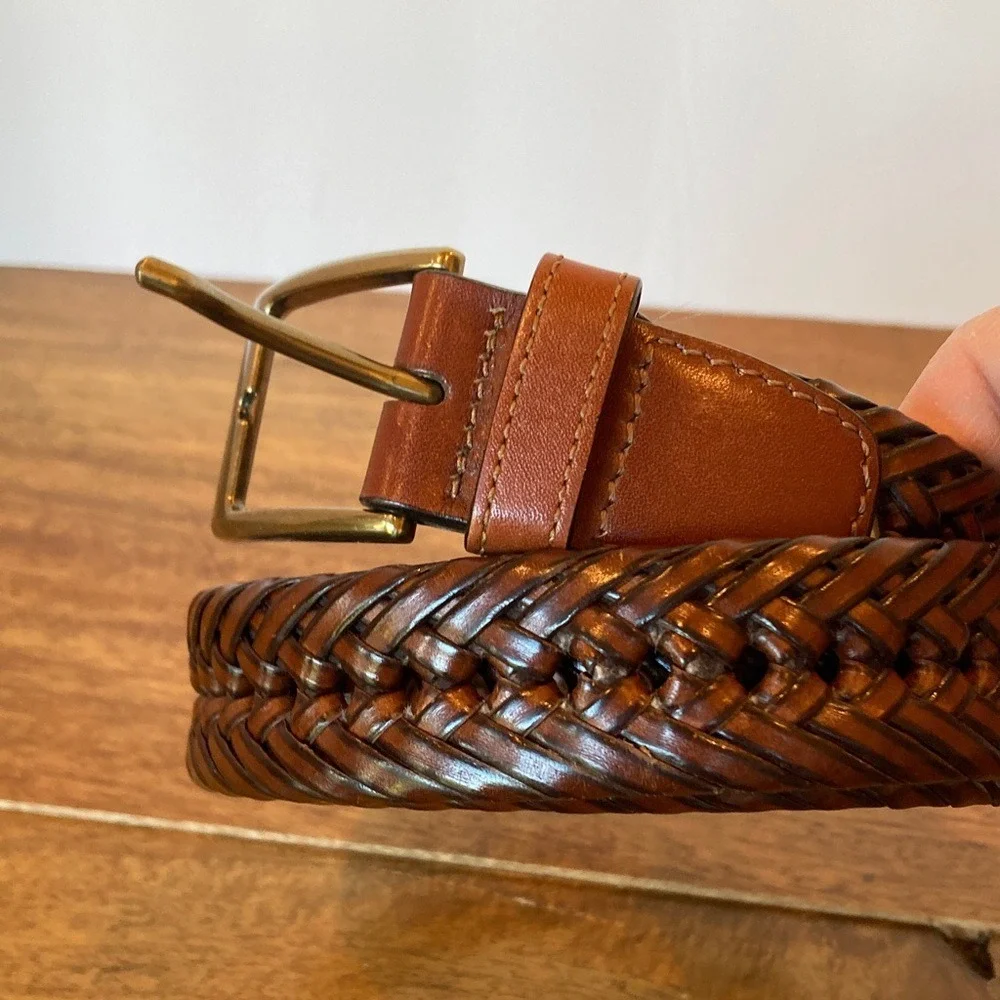 Men's Brown Herringbone‎ Leather Trim Belt Size 36 Classic Basic Brushed Gold